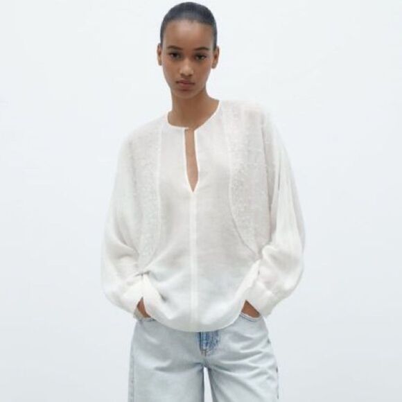 ZARA EMBROIDERED RAMIE BLOUSE - Picture 3 of 4